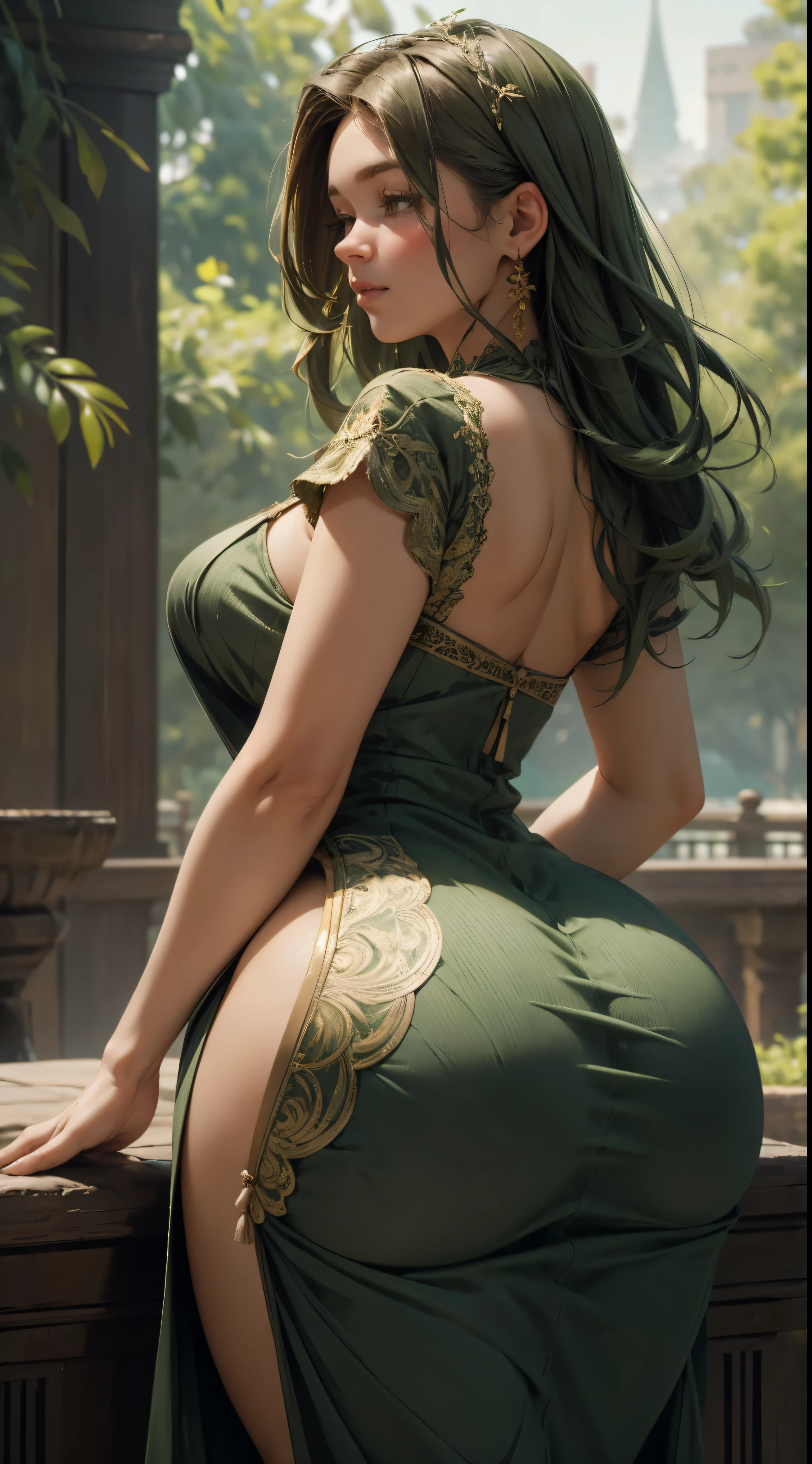 (Long green dress, very detailed and realistic dress, Realistic nature, curvy and body) [Exquisite brushstroke, awesome colors, Soft lighting, serene atmosphere], (((big ass)))