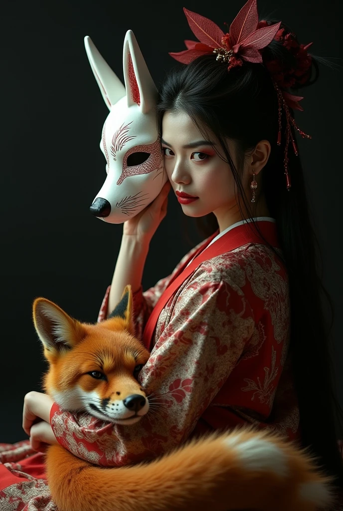 Create an underexposed hyper-realistic hyper-detailed ultra hd photograph of 1girl, facing camera, masterpiece portrait photo, chubby cold Asian girl with natural red eyes, short hair, facing camera, her face is fully covered by a sexy red kitsune fox mask, she wear red floral dress like geisha, her gentle red fingernails are touching the red kitsune mask that covering her face elegantly, her gesture is flowing with elegant dynamic pose capturing captivating elegance and beauty, ultra hd, 16k, photo was taken by the world best camera with f/1.8 lens and dramatic lighting, also emphasize the captivating elegance, coldness and beauty she poses with soft dramatic background lighting