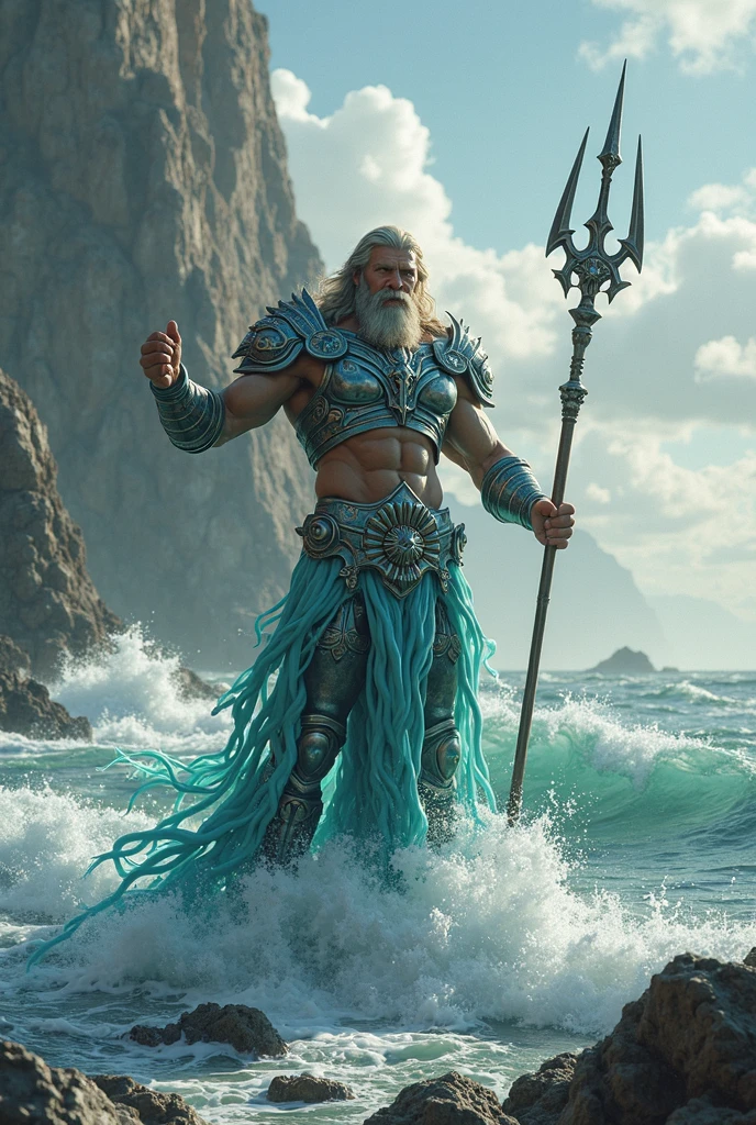 Poseidon, the brother of Zeus and Hades, commands the vast waters of the Earth, a strong and regal man with a determined expression, ancient Greece, clad in a royal robe with oceanic patterns, on the shores of a turbulent sea, holding his trident high, in the background, massive waves crash against rocky cliffs, hyper-realistic, photo realism, cinematography -- ar 9:16