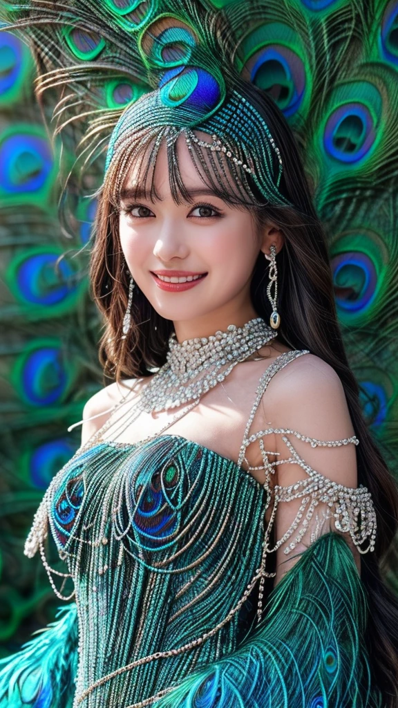 , ((best quality)), (((masterpiece))), (highres), original, extremely detailed 8K wallpaper, (an extremely delicate and beautiful girl with peacock blue gorgeous dress, many feathers,blue eyes,),((best quality)),(spirit),((illustration)),(beautiful detailed eyes:1.1),depth of field,The lens,good lighting,(partial skin exposure:1.2),(oily skin:1.3),(reflective skin:1.1),full body