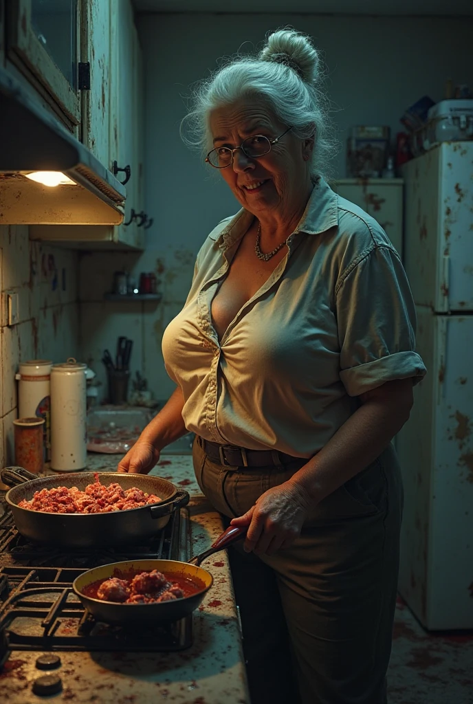 Generate a full body frontal image of a 70 year old Afro-Brazilian black grandmother, completely naked, wearing large prescription glasses, with short wavy black hair with gray tones and disheveled, the face with expression lines due to age, small mouth, full lips with signs of age, protruding nose, obese body with average height showing his age, large, voluminous, saggy breasts, wide hip, legs thick, thick-thighs, voluminous shaved vagina, and she is standing smiling and with an imposing look drinking a beer and with a cigarette in her hand leaning on the sink counter of a humble and precarious kitchen at night.