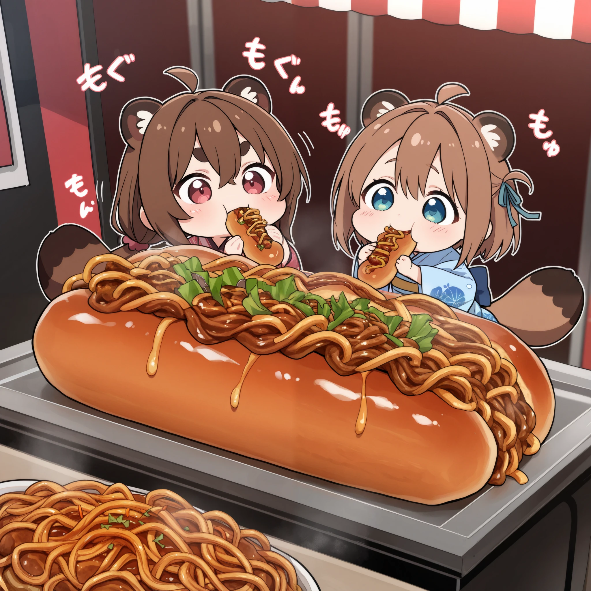 (masterpiece, best quality, high quality,8k,)  boy kimono chibi tanuki-ears tanuki-tail pants brown-short-bob-hair Thick eyebrows., eating (Frankfurter bun with yakisoba in between:1.2) food-stall food-cart table sound effects  say　"わしょーい"  "ぬゃーん" "あふーん"
