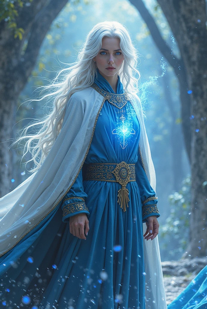 In a mystical forest, a majestic white-haired figure adorned with antlers of light rules over her kingdom. Dressed in a blue robe and surrounded by a magical aura, she represents the power and beauty of nature.