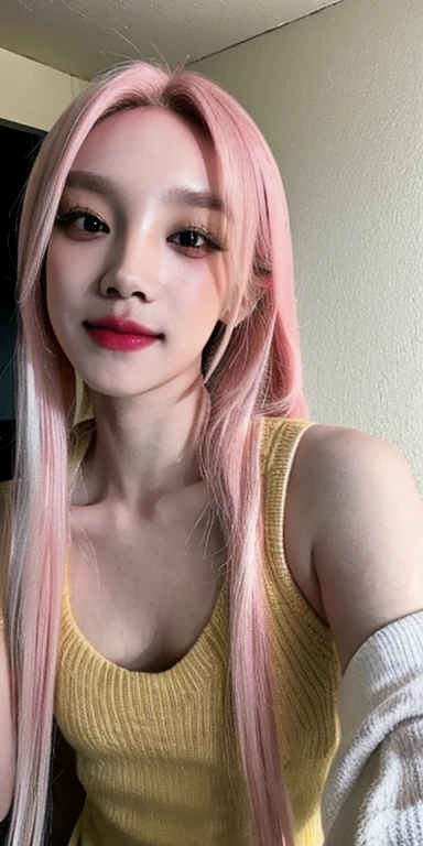 ((highest quality)), ((masterpiece)), (be familiar with), perfect face 17 years old pink and blonde gradation hair twin ponytail black polo shirt Button opens Big breasts and big cleavage visible smile Angle from above