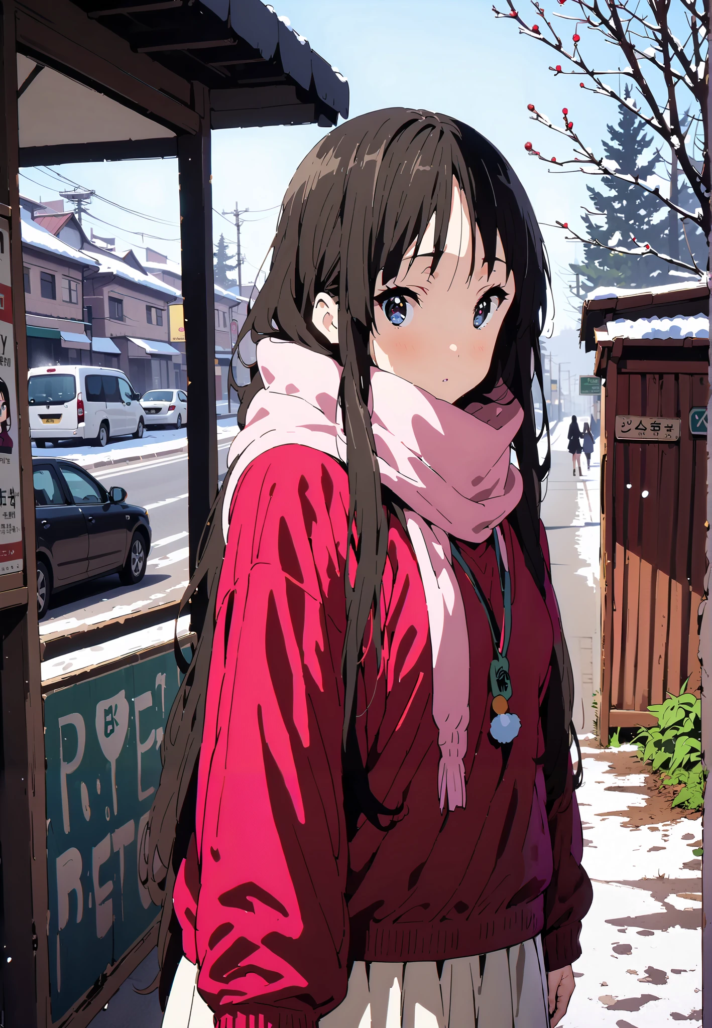 mioakiyama, Alone,Mio Akiyama, long hair, bungs, black hair, dark eyes, Princess Cut,long skirt hair
blushing,white breath,duffle coat,(sweater  :1.2),( turtleneck:1.2),Pink scarf, white long skirt,boots,clothed,winter,snow,Beautiful Scenery,full bodyがイラストに入るように,break outdoors,bus stop,
break looking at viewer,full body,
break (masterpiece:1.2),top quality , kampala,Unity 8k Wallpaper,(shape:0.8),(  fine, beautiful eyes  :1.6),It's a person ,full body写真,CG Details , (perfect hands,complete anatomy),
