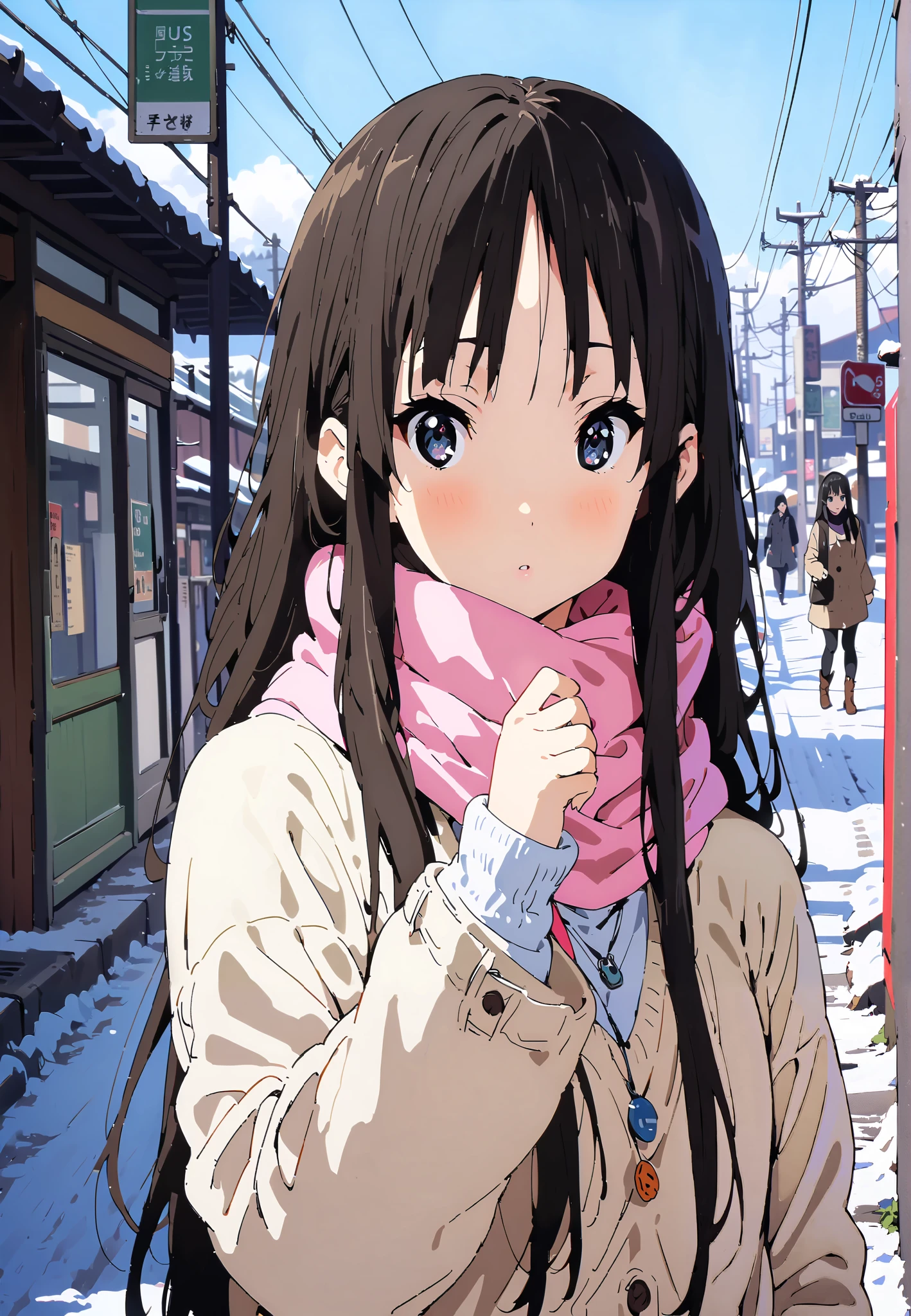 mioakiyama, Alone,Mio Akiyama, long hair, bungs, black hair, dark eyes, Princess Cut,long skirt hair
blushing,white breath,duffle coat,(sweater :1.2),( turtleneck:1.2),Pink scarf, white long skirt,boots,clothed,winter,snow,Beautiful Scenery,full bodyがイラストに入るように,break outdoors,bus stop,
break looking at viewer,full body,
break (masterpiece:1.2),top quality , kampala,Unity 8k Wallpaper,(shape:0.8),( fine, beautiful eyes :1.6),It's a person ,full body写真,CG Details , (perfect hands,complete anatomy),