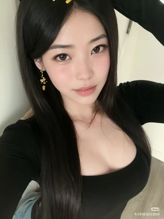highest quality,masterpiece,Ultra-high resolution,(Realistic:1.4),Beautiful lighting, (Highly detailed CG Unity 8k wallpaper), Beautiful face in every detail,Detailed clothing, 50mm portrait photography, No background、One Girl,Big black eyes, cute, young, Pause, Facial Lighting, Physically Based Rendering,Written boundary depth , Black Hair, ,(Serious face), ((Take from above)), (Please open your mouth wide),Japanese women、20-year-old、Knitted sweater、(Big Breasts)、(Upper Body)、Young and beautiful woman taking a selfie, Taken with iPhone camera
