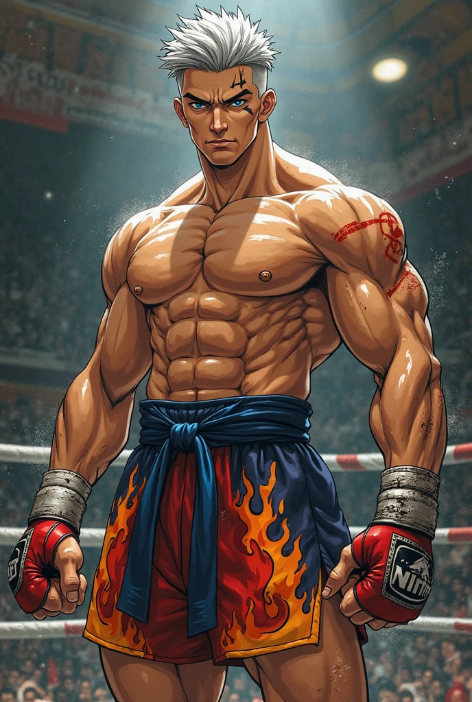 (best quality,height:1.2),realistic,Masterpiece:1.2,Portrait,colorful,studio lighting,spark,Muay Thai fighter,character design,Muay Thai fighterผู้กล้าหาญ, Thai boxer, muscular body,intense stare,Focused expression,Red and white gi,Black belt,Hot aura,Action pose,Fire Fist,Heat and energy,Radiation power,fighting posture,bright colors,Energy Blast,Highly detailed lighting effects,Street fight scene,Reliable definition of muscle,Smoke and sparks,Eye-catching elements,Pay attention to facial features.