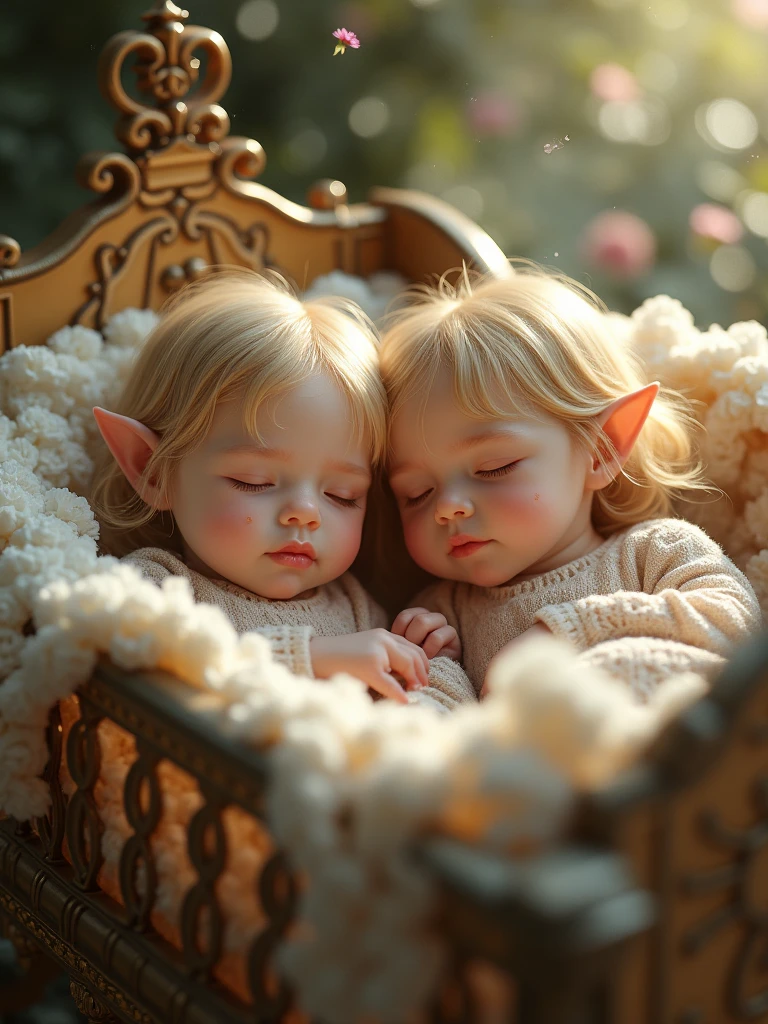 Three sleeping newborn baby elf girls with white hair, pointy ears, and pale skin, wearing light pink onesies while lying in a wooden crib in an elvish Woodland palace