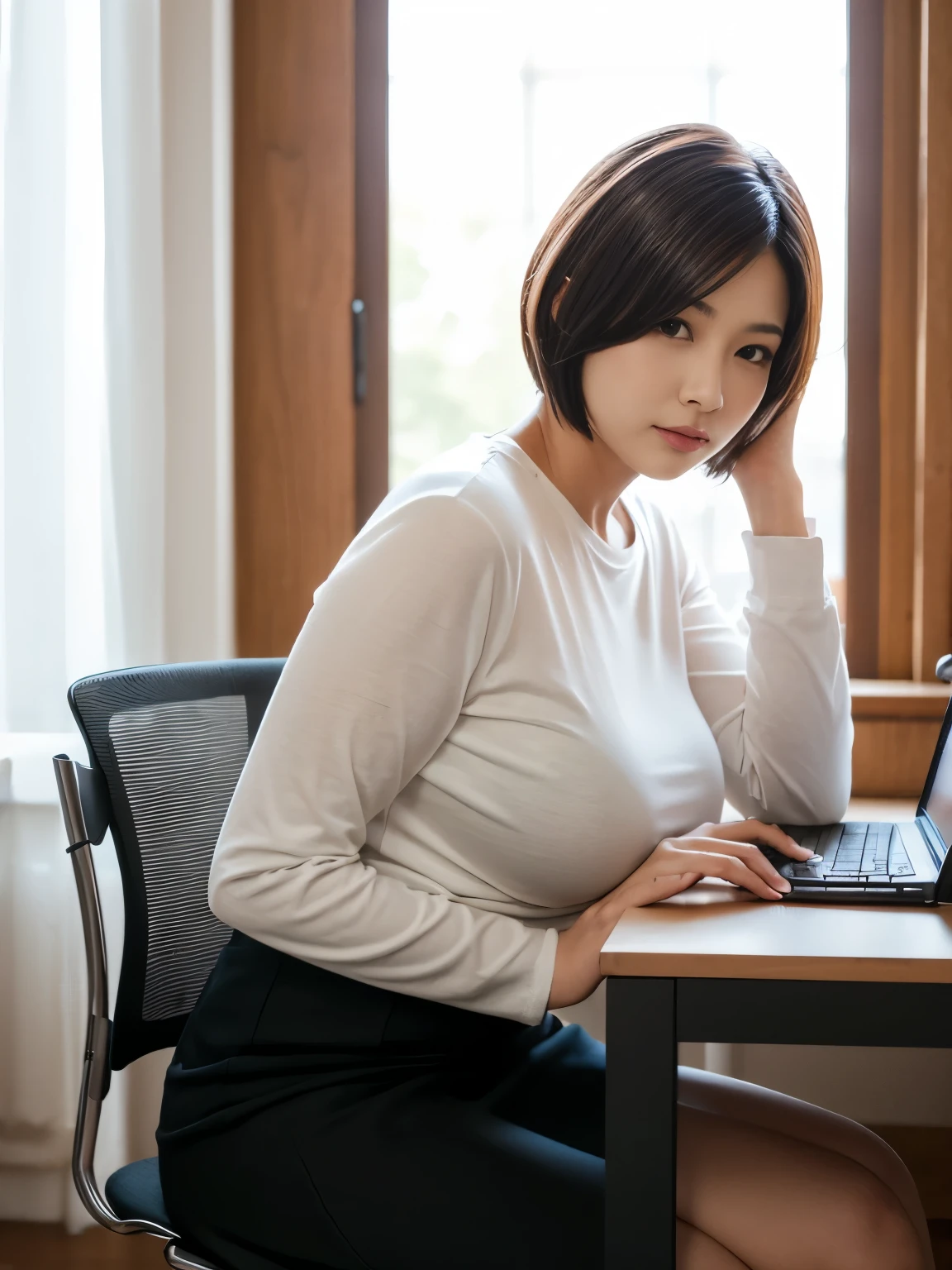 (( masterpiece, top quality)), Mature woman in her 40s with short hair、soft breast、office、Tight long sleeve t-shirt、(( sitting on a chair and working on a computer ))、(( room with bright morning sunlight ))、 long skirt with plenty of room 、dark background with shadows 、is sitting in a chair and working on a computer、 large space 、high ceiling、Big Soft Breasts、