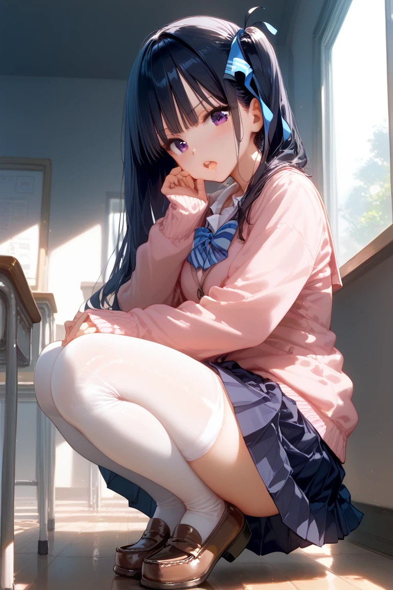 1girl in、A smile、The shirt、skirt by the、（small tits）Chilarism、Japan High School Student Uniform、serafuku、summer clothing、Squall Drenched Uniform、（Sheer Bra）、Upper body portrait、Squatting panchira、