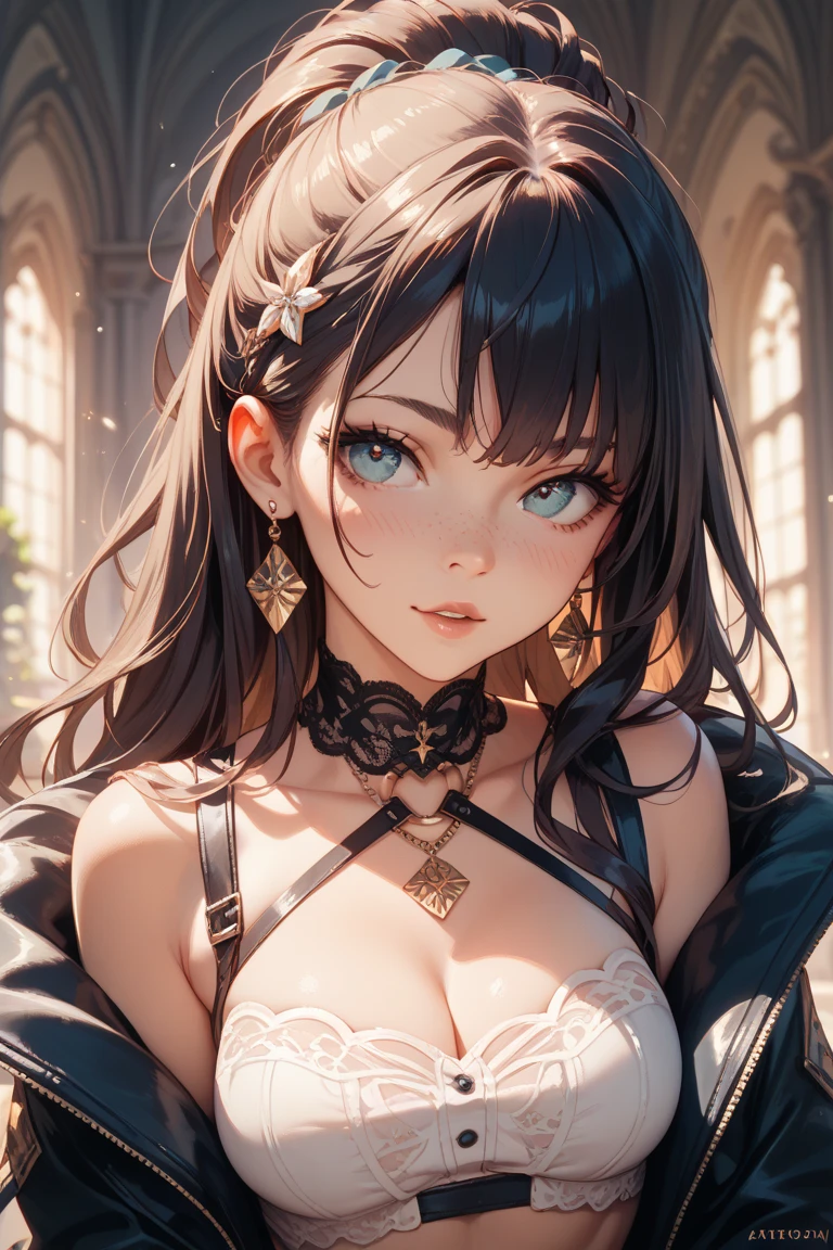 best quality, super fine, 8k, images above the bust, beautiful woman, make-up, amorous and lewd face, eyes closed, sad expression with head bowed, mouth half open, sighing, messy hair, wearing loose size clothing, great proportion, 2.5D, delicate and dynamic, portrait art, everything is of the highest quality