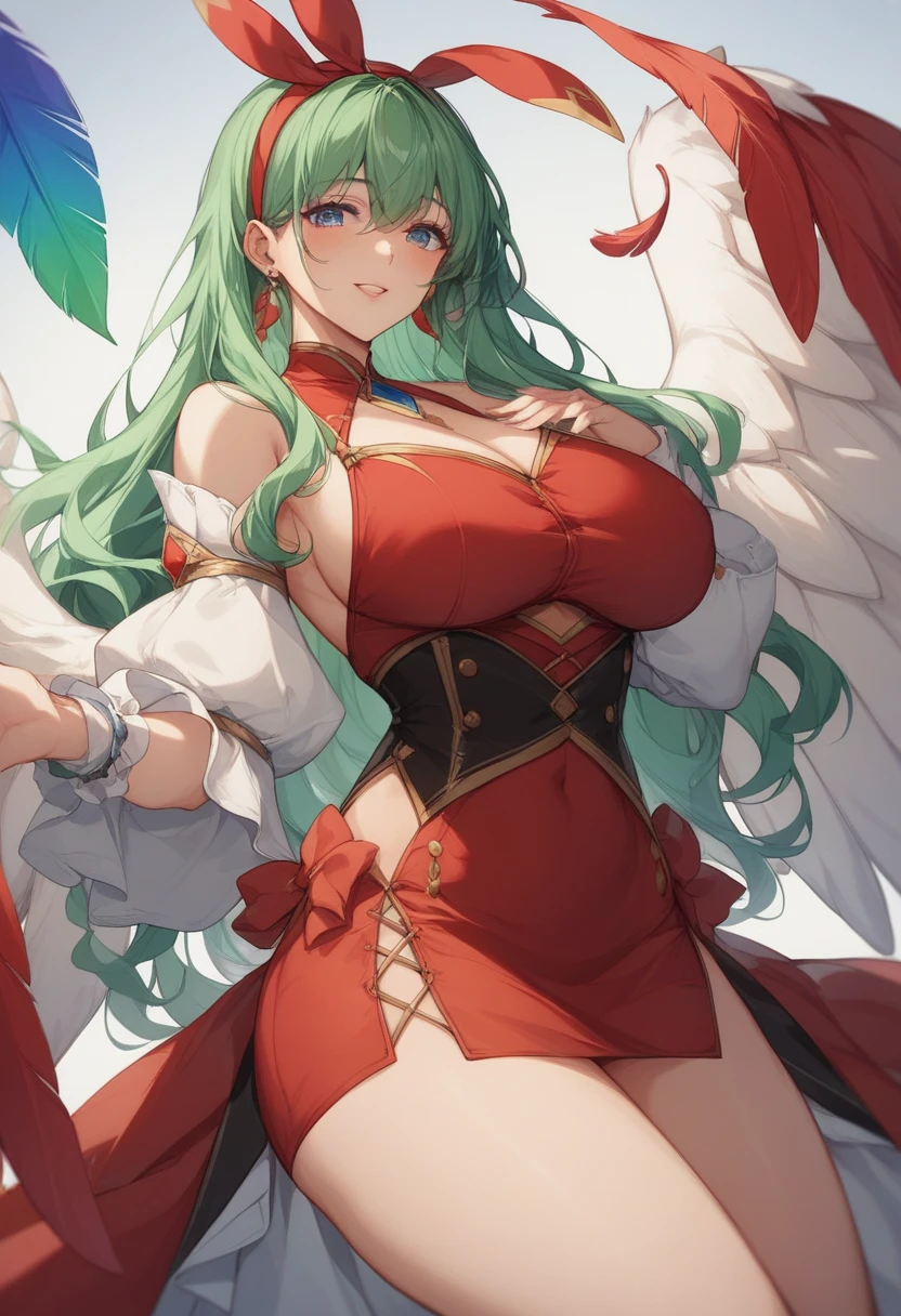 Harpy, red feathers, long green hair, big breast, green feather wings, multicolored feathers, red feathers, golden talons, sharp talons, giant, evil, demon girl, highly detailed, winged arms, wing hands, thick thighs, hair between eyes, very long hair, thicker thighs, bigger breast