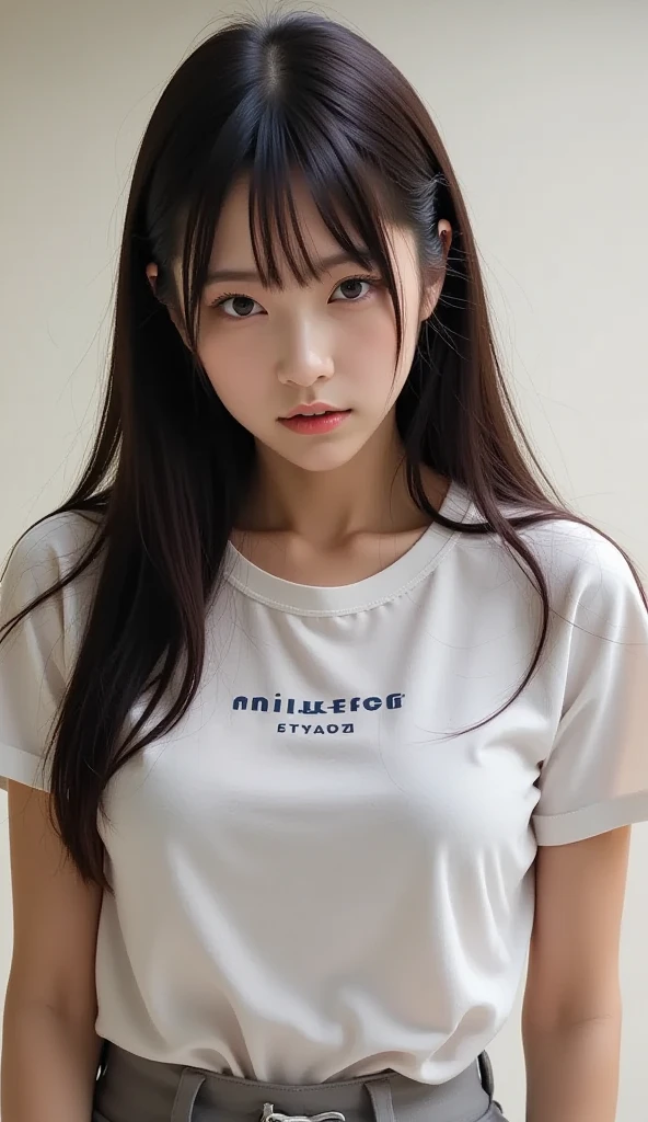 Close up of woman in t-shirt posing for photo, Middle metaverse, 奈良美智, Japanese Models, Beautiful Asian Girl, With short hair, 2 4 years old female model, 4 k ], 4K], 2 7 years old, sakimichan, sakimichan