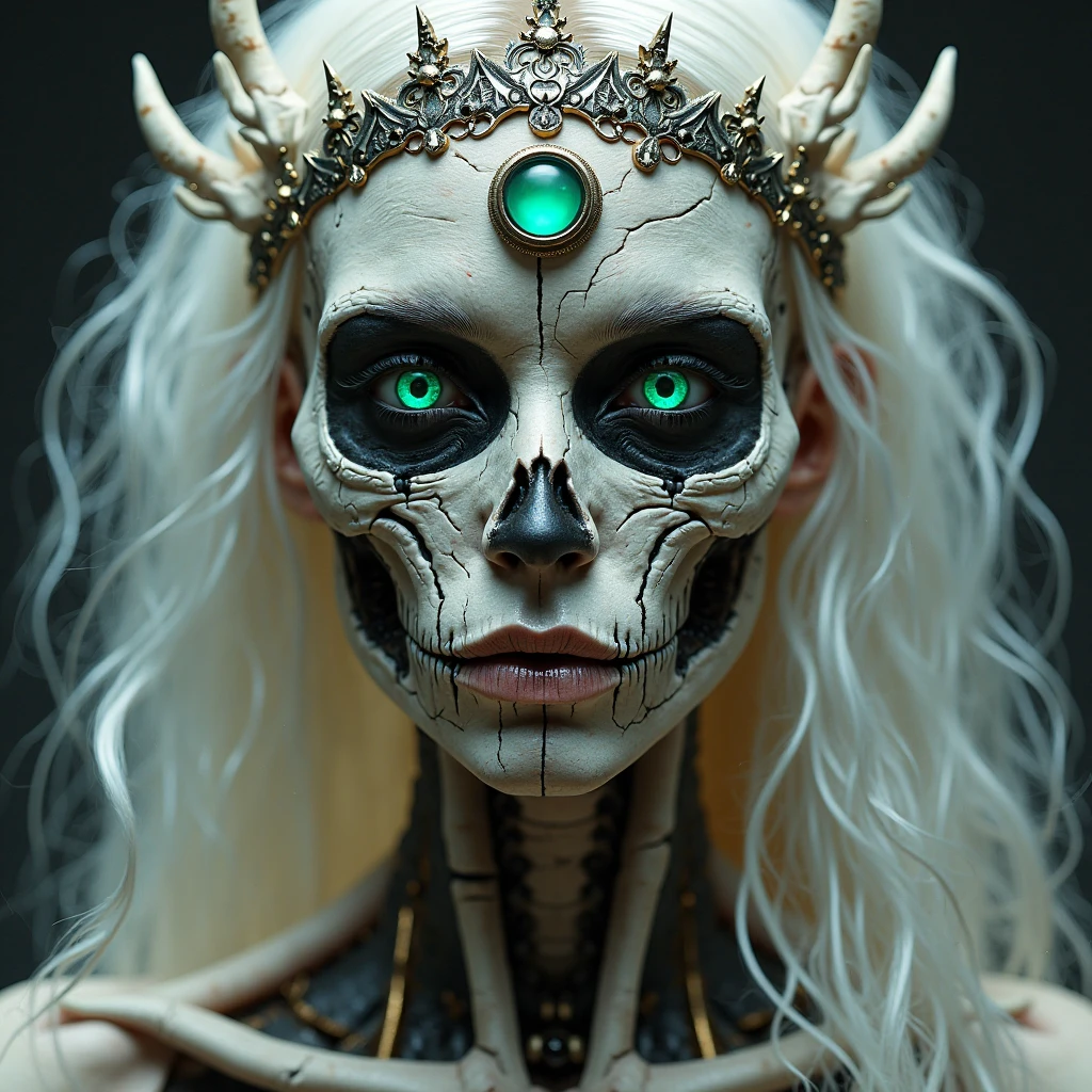 a close up of a skeleton with long hair and a skeleton face, beautiful female android, still from a fantasy movie, extreme intricate metal details, by Wojciech Gerson, cybernatic, ai researcher --auto --s2