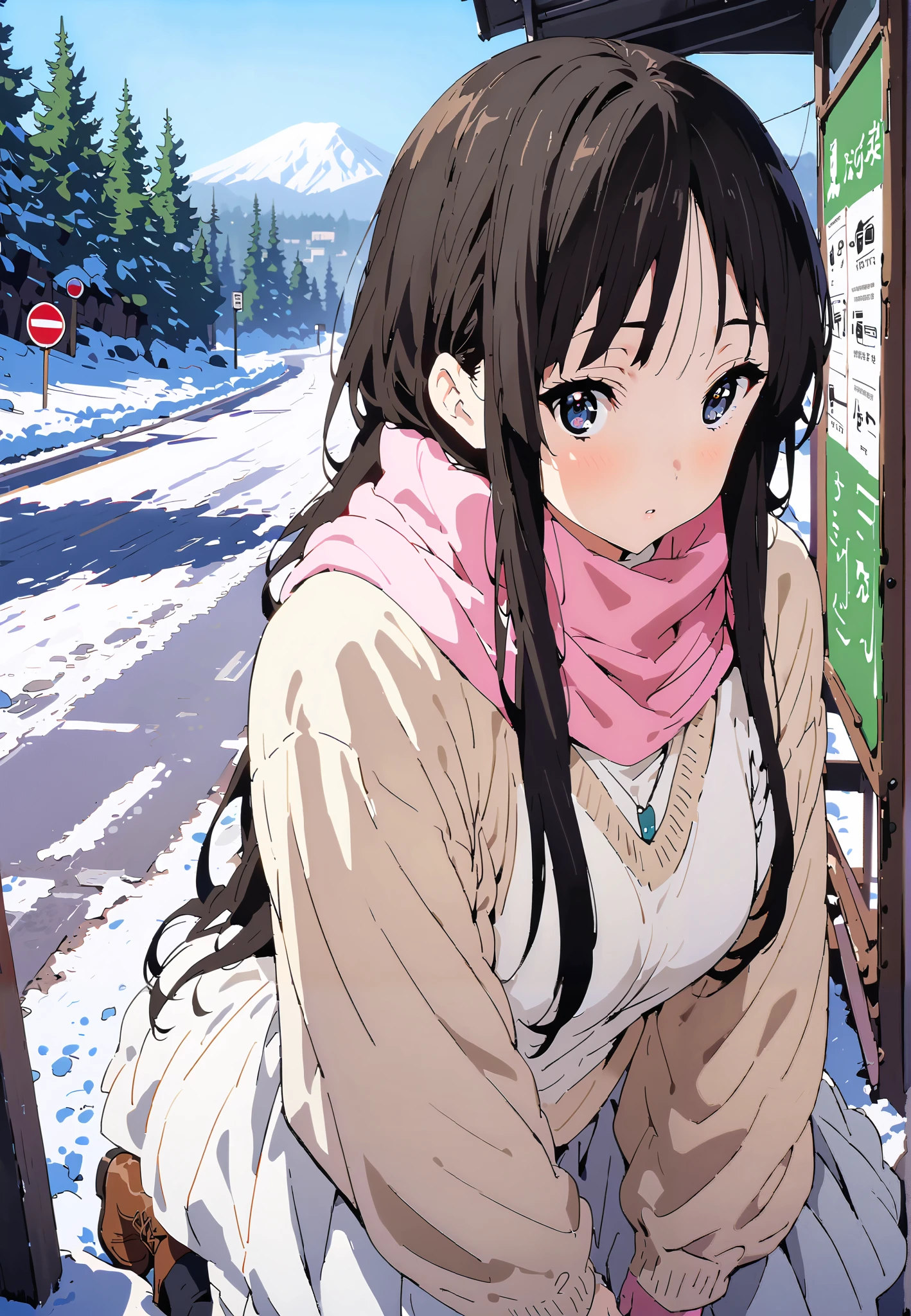 mioakiyama, Alone,Mio Akiyama, long hair, bungs, black hair, dark eyes, Princess Cut,long skirt hair
blushing,white breath,duffle coat,(sweater :1.2),( turtleneck:1.2),Pink scarf, white long skirt,boots,clothed,winter,snow,Beautiful Scenery,full bodyがイラストに入るように,break outdoors,bus stop,
break looking at viewer,full body,
break (masterpiece:1.2),top quality , kampala,Unity 8k Wallpaper,(shape:0.8),( fine, beautiful eyes :1.6),It's a person ,full body写真,CG Details , (perfect hands,complete anatomy),