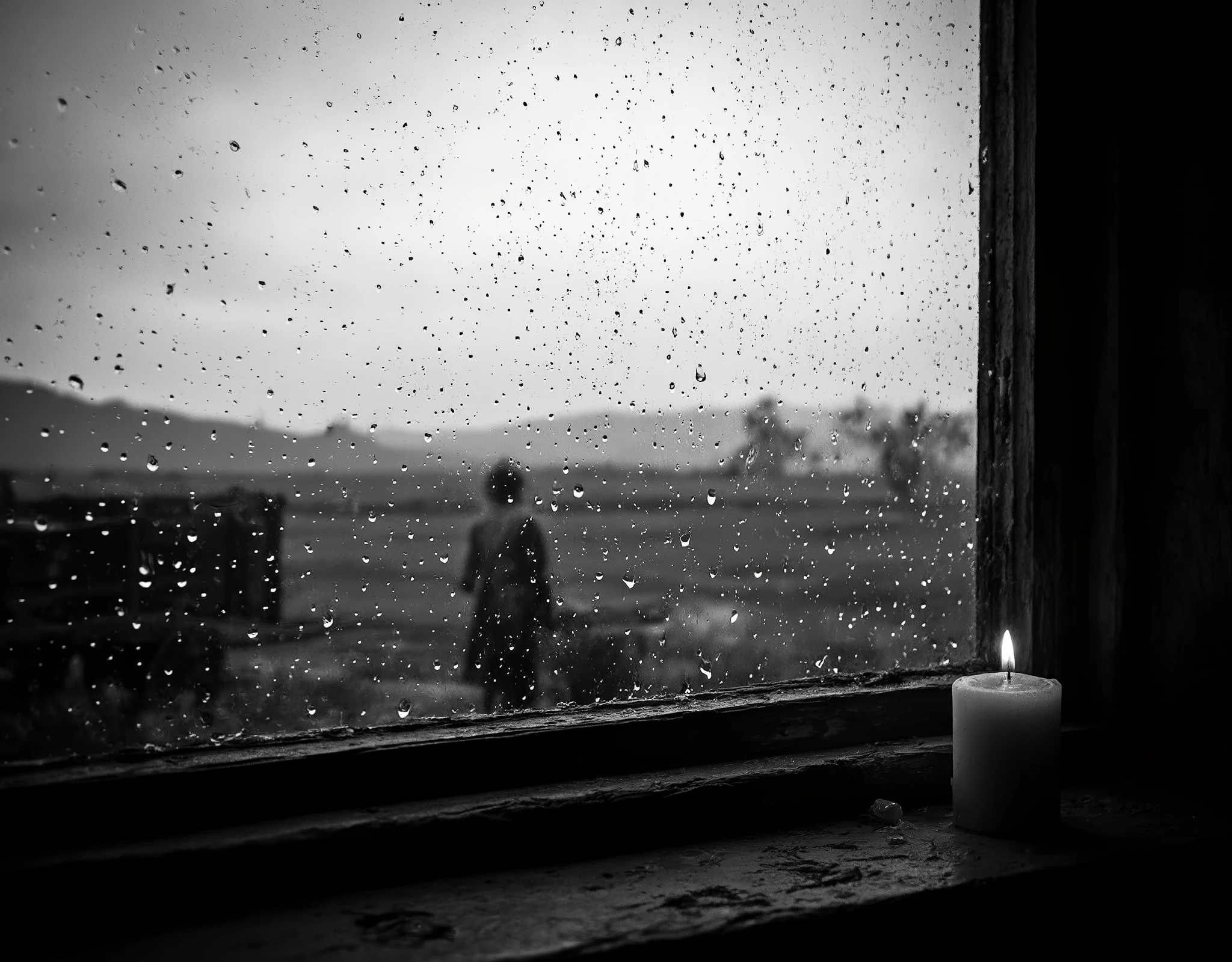 Create a cinematic black-and-white photograph capturing raindrops scattered across a glass window, each droplet sharply defined and reflecting subtle light variations. The background should be softly blurred, revealing a vast open field stretching into the horizon, evoking a rural atmosphere with rolling hills and sparse trees fading into the misty distance. Include the faint silhouette of a peasant woman working beside a wooden hay cart, her figure slightly hunched as she tends to her labor. On the interior side, in front of the window, show a single tallow candle with a flickering flame, casting a soft glow onto the aged wooden surface beneath it. Create an interplay between the warm light of the candle and the cool, rain-soaked scene outside. Enhance the textures of the raindrops with soft, diffused lighting, while the interplay of light and shadow adds a cinematic and timeless quality. Convey themes of solitude, resilience, and the quiet rhythm of rural life.
