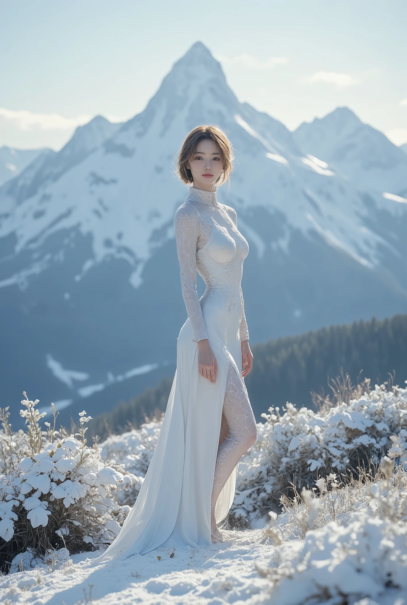 (ultra Realistic) , (illustration), (Enhance resolution), (8k), ( Extremely Detailed), ( detailed face ), Slim Body, in the dark , deep shadow, low profile, pureerosfaceace_v1, Happy smile, Winter, Mountain