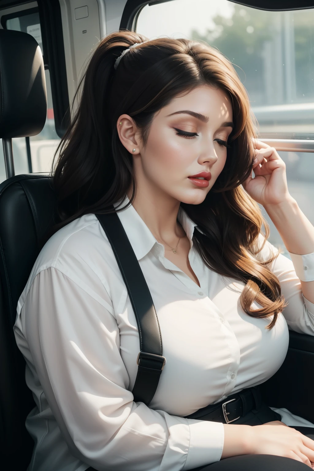 1 beautiful woman, great body, chubby woman, red lips, woman over 40, eyes closed, wavy brown hair, ponytail, eyelids heavily made up, eyelids lined with makeup, eyelids painted with eyeshadow, white shirt with neckline large hem, formal black pants, black jacket over shirt, large black bag, asleep with mouth open, asleep lying on the bus seat, head resting on the seat nodding, Lucy Pinder, ((Adele)), face portrait, head up