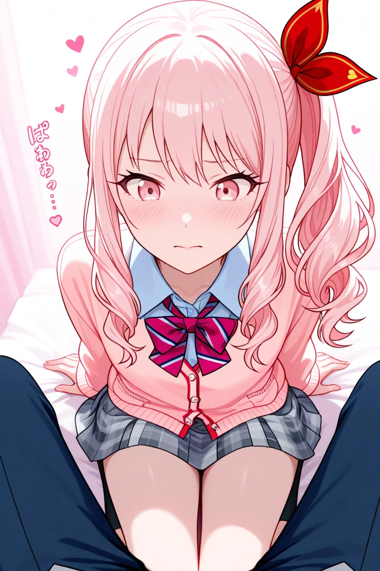 ((NSFW)),Beautiful illustration、masuter piece, (masterpiece、top-quality、8K ),intricate detailes,ultra-detailliert, {tamaki_iroha_puellamagimadokamagicasidestorymagia record:1.15}, Pink_hair, Pink_Eyes, Bangs, blunt_Bangs, braid, side locks, blush, Bow, long_hair, 14years、Navel Ejection、Cat's ears、tail、frills skirt、(((Pink Magical Girl))),maikurobikini、Lying, on back, on the beds,