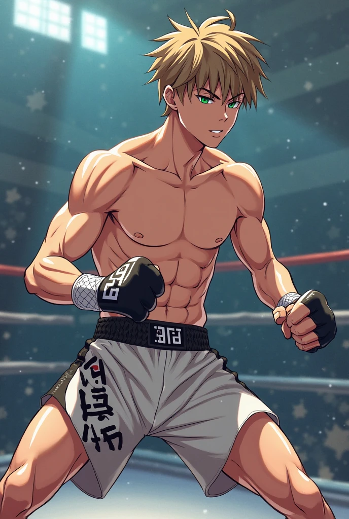 Twink boxer with silver underwear lying from his back sweating with a big bulge and with tongue out by a female opponent in the ring