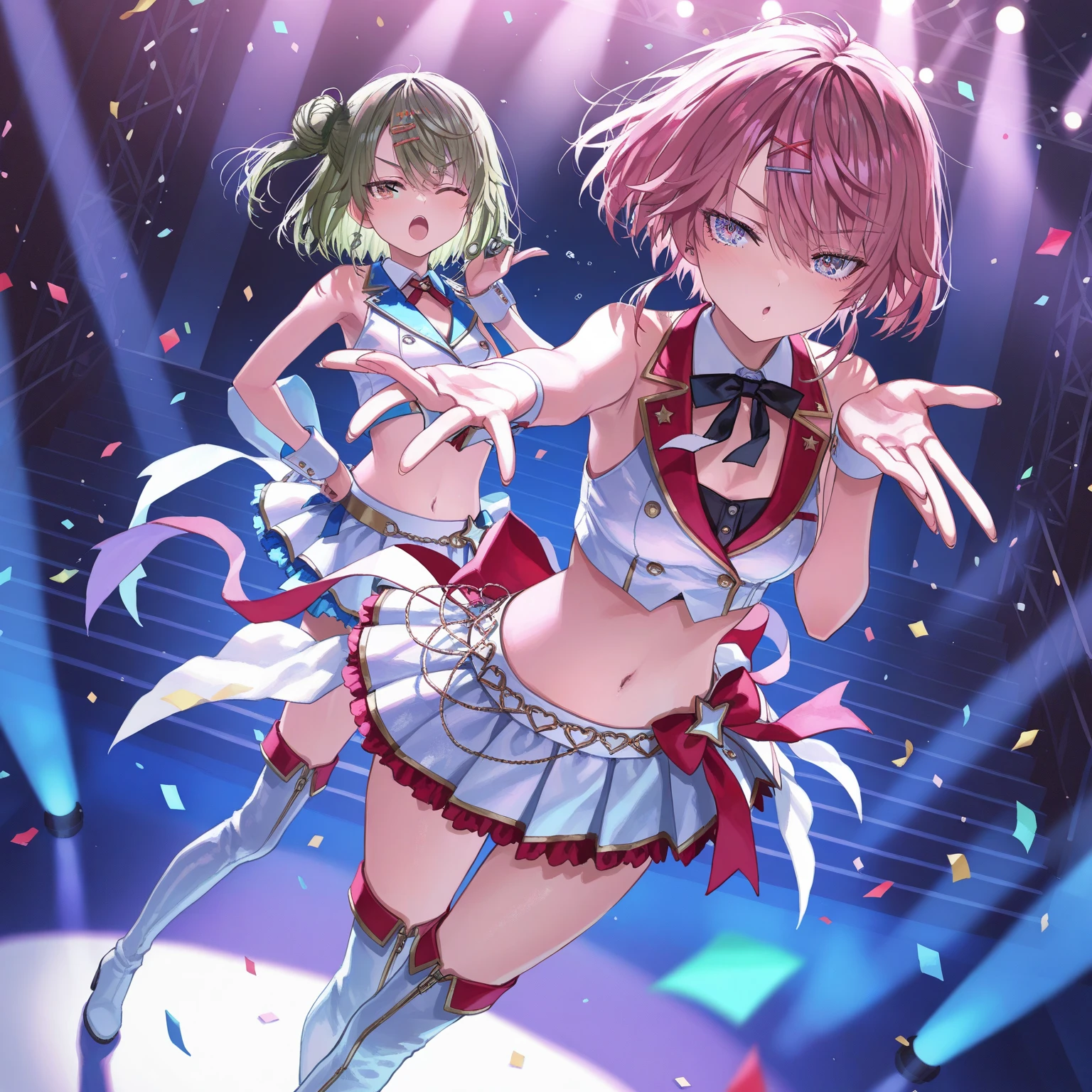 ((wearing cheerleader outfit,holding pom poms,stadium,dancing,posing for a photo,cheering up the crowd)),, skinny, 4 defined fingers, 1 defined thumb, looking at viewer, solo, 1 woman, 25 years old, AI generated, highest quality, masterpiece, skindentation, perfect face, 8k , Dynamic Pose, (short hair), (pink hair:1.5), bob cut, black eye, smile, thin thighs, medium breasts, perfect limbs, sexy, (visible nipples:0.7), (camel toe:0.3),, (bright Chinese park), Dutch Angle, ((The costume is metallic, shiny and lustrous)), facing straight at viewer, (sit), sexy pose,