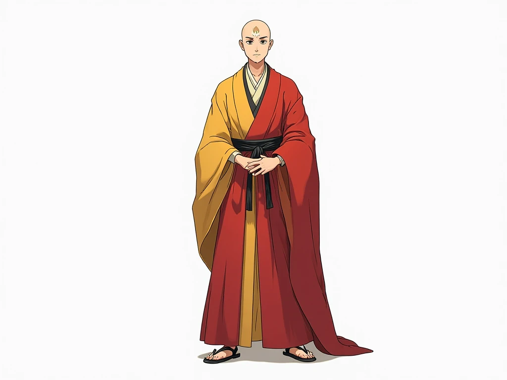 I want a full-body character, in the anime style, with white skin and Japanese features. He is bald, beige crystal on the forehead and intense beige eyes. He wears a long sensei cassock in the colors red and yellow, representing the colors of the desert. On the chest or back , there is a small symbol of a llama. Your pose is calm and balanced like an experienced warrior, and he must be well centered on the image. white background, borderless, Just him in the center