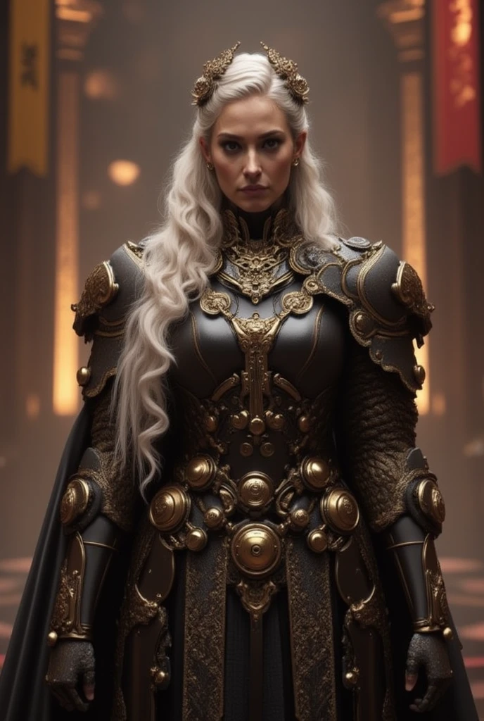 Mulher branca, com cabelos longos, white prisoners wearing black armor made from dragon hide. Segurando uma arma de fogo antigas estilo trabuco.