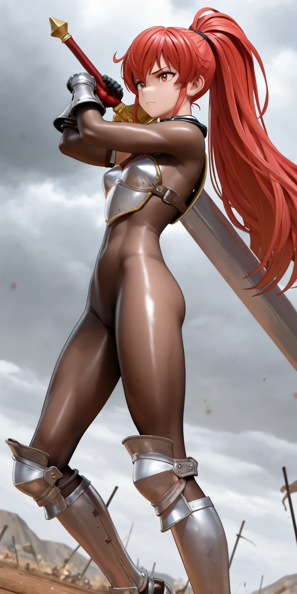 Dsorceress, redhair, shadowy face, puffynipples, girl chained in dark and eerie medieval torture chamber with whips and racks and chains, fire, hood, shadowed face, no bra, topless, slim and athletic body, bottomless, no panty, elbow gloves, dark skin, 1 girl (insanely detailed, masterpiece, best quality), metal collar with chain leash, standing in front of wall, chained to wall, hands attached to wall, arms raised, girl standing, whip marks