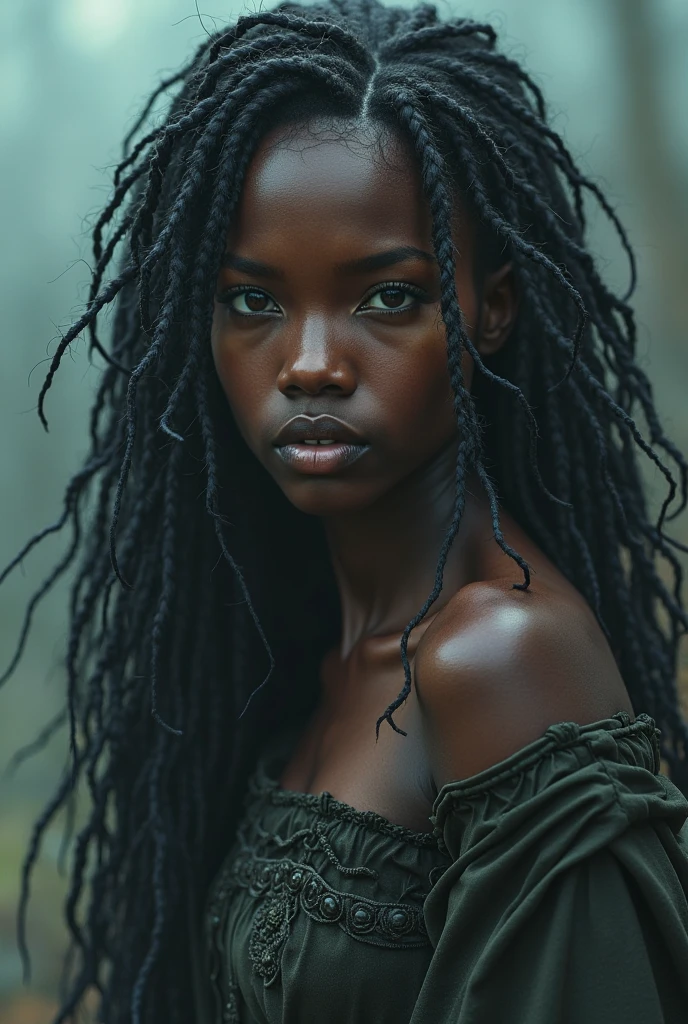 Really dark skinned
Only one 2 woman
Really dark skin
Really dark skin
Green eyes
Long hair with lots of African three hundred
Using a torn piece of cloth to cover her breasts