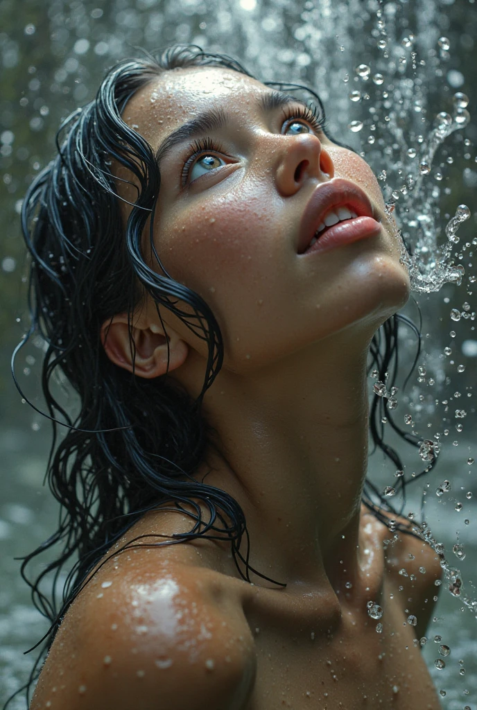 Most beautiful, hyper realistic, pouring water on the body, a lady bathing, water drops are clear, having sex, close shot, canon 7500D, 25mm, portrait