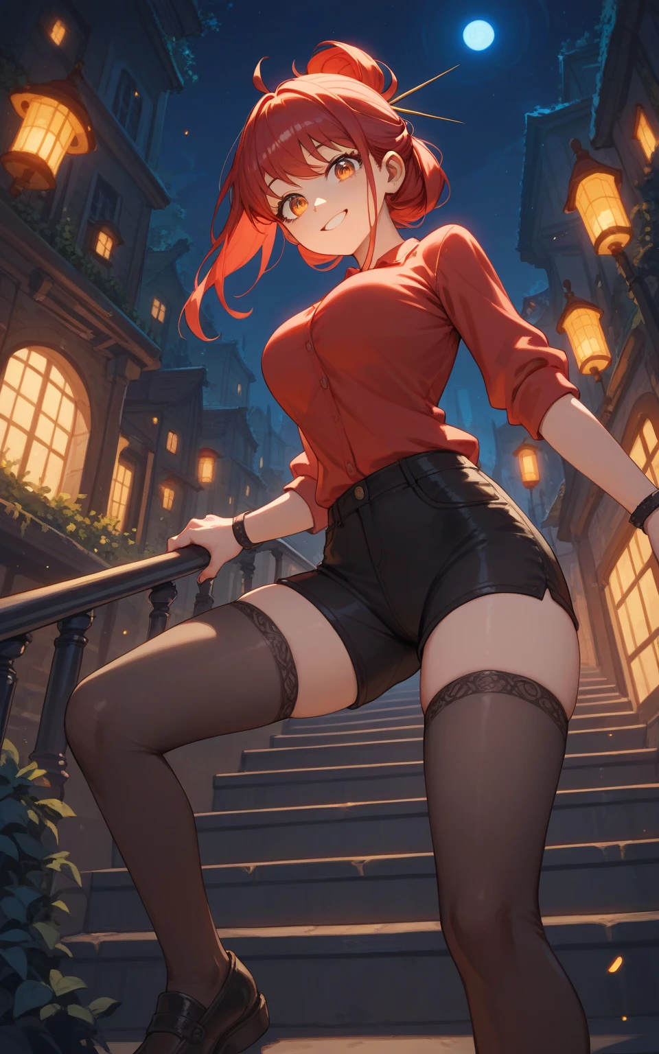 score_9, score_8_up, score_7_up, ginger hair, pigtails, braided pigtails, freckles, pale green eyes, red eyeshadow, 1girl, solo, balcony, no bra, harness, high heels, short dress, gown, night, night time, moonlight, indoors, fancy, bedroom, tomboy, shy, blush, standing, choker, navel, closeup, body focus