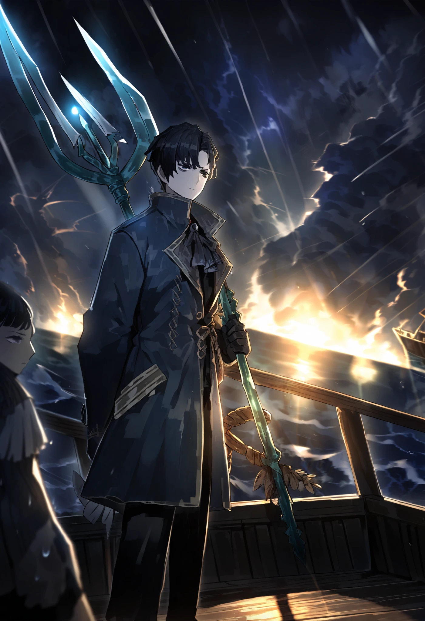1male, Black hair, black eyes, shirt, black shirt, plume, short hair, expressionless, pirate captain outfit, long sleeves, closed mouth, sky, coat, weapon , dark blue coat, on ship, trident with three prongs, hatless, unkempt hair, cloudy, night, storm, raining, dark night, overcast, (project moon)
