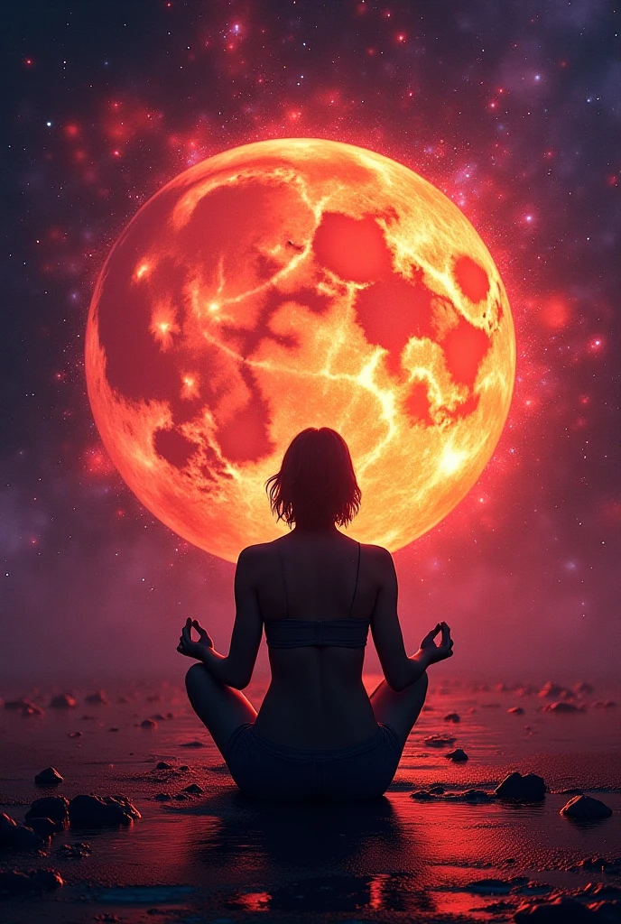 Beautiful woman traveling inside a soap bubble through outer space, half lotus pose, universe, stars, huge red sun, she is wearing a Star Trek uniform, skirt and boots.