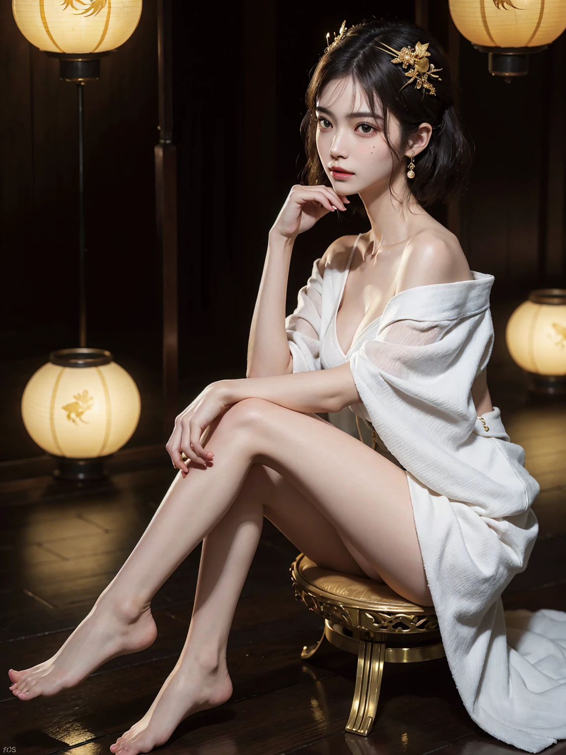 Sleeping Girl,Top image quality,movie camera,Young and beautiful princess in the Chinese royal palace,Wearing gorgeous white Chinese underwear,Floral hair ornament on the head,Red Ancient Chinese Elegant Shoes,Live in China's ancient royal palaces,Relax in the bedroom,Full body portrait,Stylish art,,Detailed face,Happy.,a closeup,beutiful breast,