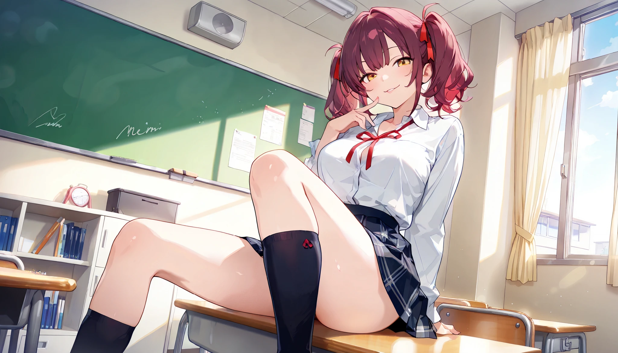 (masterpiece), best quality, expressive eyes, perfect face, 1girl, cute, moe, short, , smile, red hair, long hair, bangs, black hairband, school uniform, white shirt long sleeves, black sweater vest, red bowtie, red pleated skirt, red mini skirt, pantyshot, white cotton panties, showing her panties, spread legs, sitting on chair, white socks, brown shoes, in the classroom