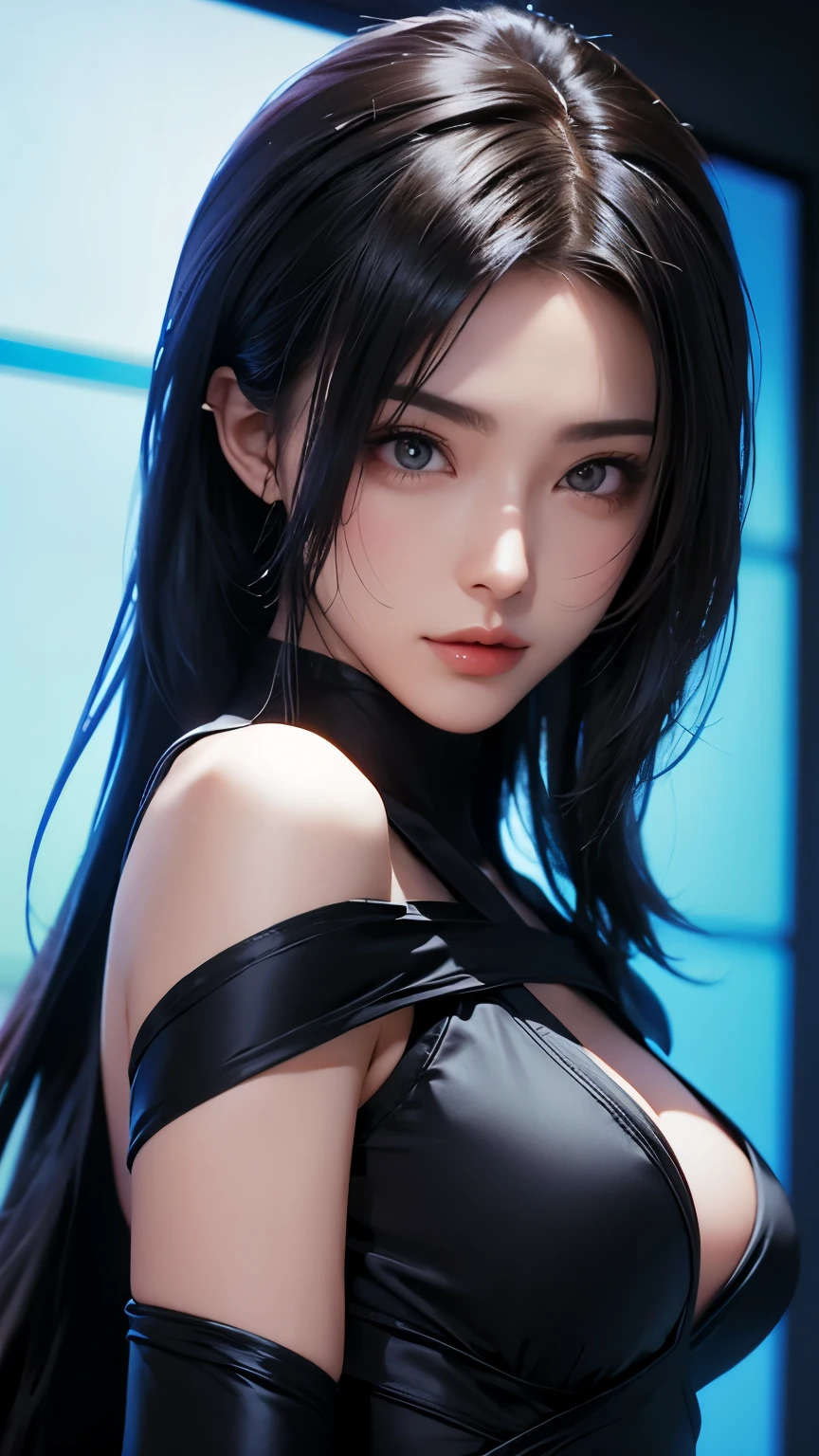 (Best quality at best), (tmasterpiece), (A high resolution), (Complicated details:0.2),(profesional lighting), sobu, detailedbackground, Oversized black T-shirt, cropped shoulders, (Previous view), 1 plump girl, Alone, (Nice face:1.40), Slim, delicate skin, ssmile, Long brown ponytail, skyblue eyes, (Medium beast:1.10), see in viewer, (Colossal tits,Huge cleavage)