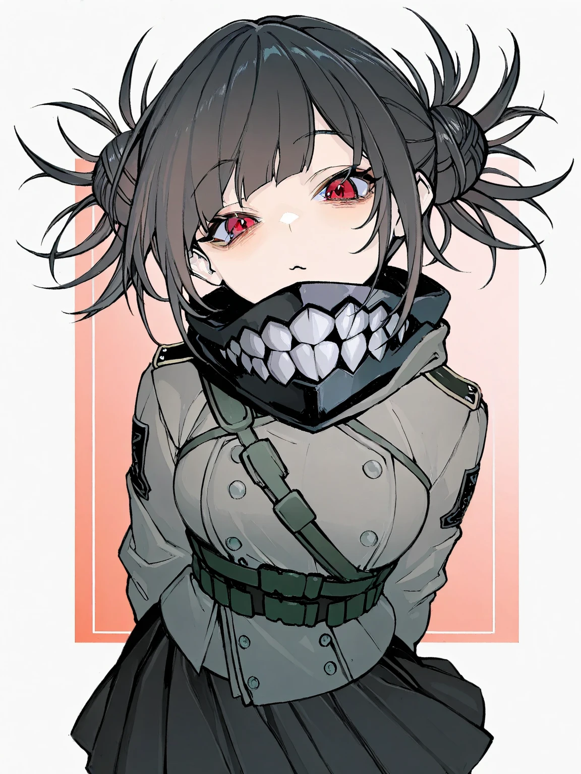 (official art,unity 8k wallpaper,ultra detailed,High quality,best quality),
(zentangle, mandala, tangle, entangle:0.6),(red, black),flat color,limited palette,low contrast,(1girl:1.2),solo,serafuku,long straight black hair,lycoris flower,(goat skull:1.3),(horror),(gloomy),blood,(gasmask:1.3),
