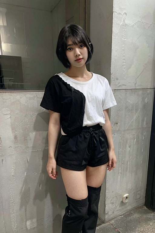 (8k:1.27), best quality, masterpiece, ultra highres:1.2), two kidnapped lesbian goth girls with arm tattoos kissing each other, tattooed girls, full body picture, old white rock band oversized knotted t-shirt, big t-shirt, short big sleeves, black short sport pants tied with a rope, wearing dirty old goth clothes, dyed yellow blonde hair, short blonde bob hairstyle shoulder length, blonde hair bangs, dyed bright red hair with red messy bun, one girl kneeling and one girl standing in a dirty room, handcuffed, one girl with hands tied with rope behind body, submissive neck choker and leash in neck, 4k or 8k picture, looking at the floor down very sad, very sad face, paisley bandana ribbon hairband, smelly, barefoot, rope hanging from ceiling, one girl dominating the other one by pulling her to a wall