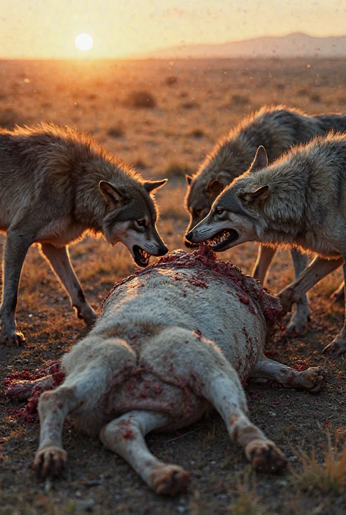 Wolves devouring a dead lion without showing blood