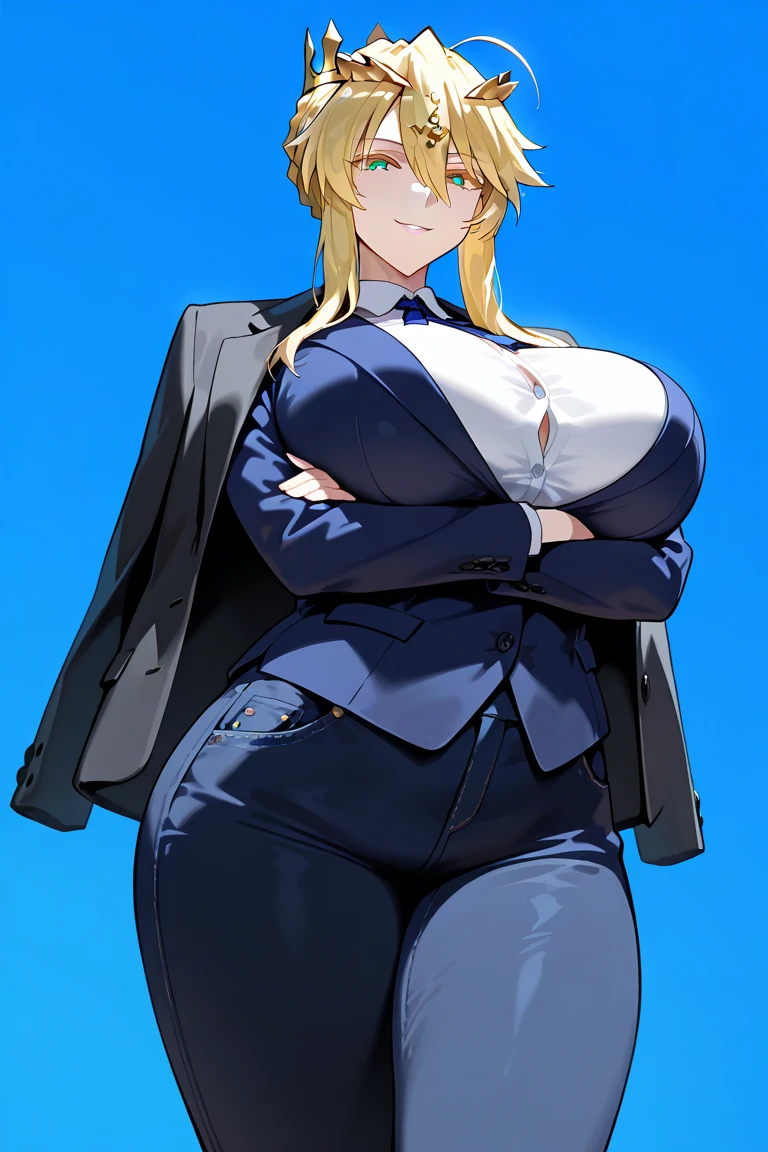 Woman in a business suit, curvy, busty, evil smirk, dominant stare, thick thighs, view from below, presenting her butt, lifting her skirt