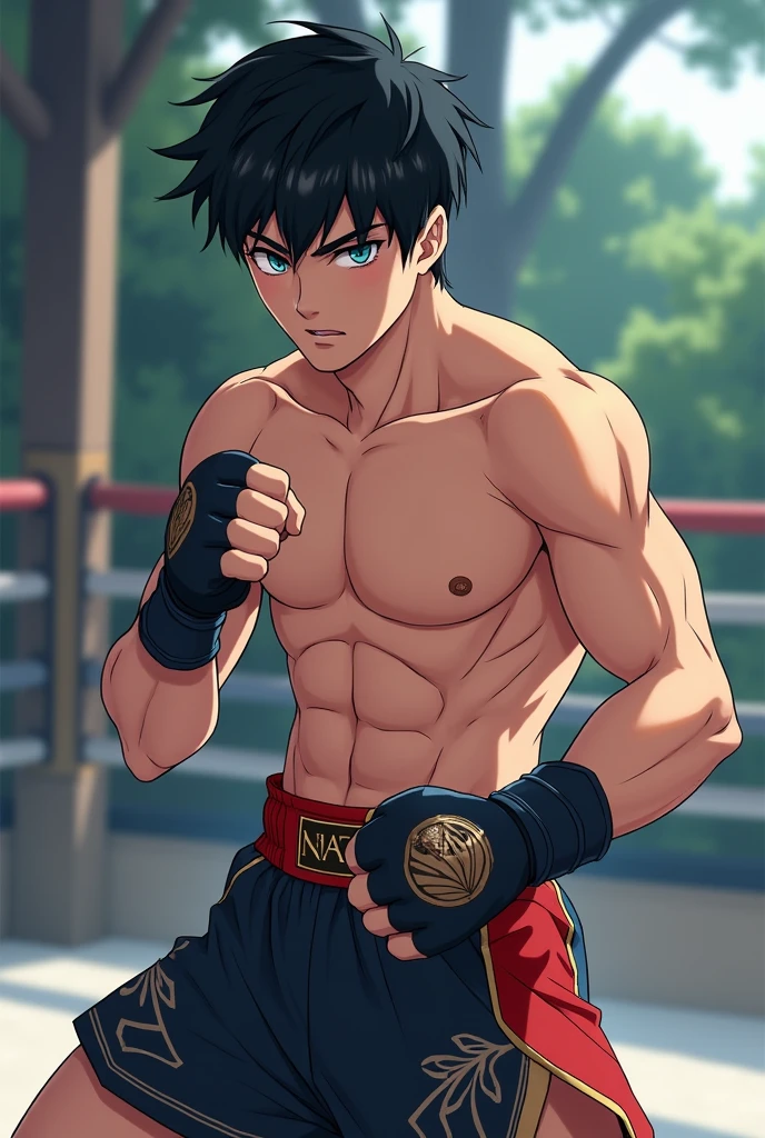 ((masterpiece)), (best quality), 1boy, ((masterpiece)), (best quality), (detailed), (1boy),1 muay thai kickboxer boy, spiky black hair, black eyes, tanned skin, lean body, handsome, shirtless, (black boxer shorts), muay thai headband, black fingerless gloves, fighting stance, on the streets, barefoot, 8k, detailed, ultra-detailed, absurdress