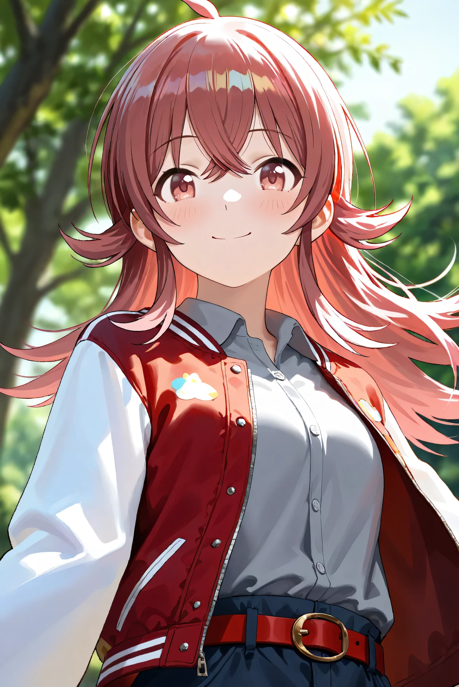 (Masterpiece), (Highest quality), (Very detailed), 
(The best shape), (Best Shadow), (Absurd), 
(Detailed background), (So beautiful), Shiny , 
Beautiful eyes in every detail, Extraordinary, Countershading, 8k, 32K, High resolution, 
Very Detailed CG,

Score_9, Score_8_up, Score_7_up, Source_anime, 
(Pastel painting:1.2), (Watercolor painting:1.2),
(Masterpiece, Detailed:1.2), (Foreshortening:1.2),

Cinematic, Dramatic, (Depth of field:1.4),
(Blurry background:1.4), (Realistic background:1.4),
(Foreshortening:1.3),Dynamic angle, From below,
1 girl,
Outdoor, Nature, Park, Wind,

Komiya Kaho, komiya kaho,
the idolmaster shiny colors,
long hair, red hair, red eyes, hair between eyes, ahoge, (medium breasts:0.7),

(Casual wear:1.3), 
(Collared shirt:1.1), (Gray shirt:1.3), (Plain shirt:1.1),
Souvenir Jacket, Open jacket, Red jacket, Long sleeves, White sleeves, Plain jacket,
Hot pants, Turquoise hot pants, 
belt, red belt,

Portrait, Focus on face, Close up shot,
(Blush:1.3), Smile, Happy,
Realistic skin, Shiny skin,