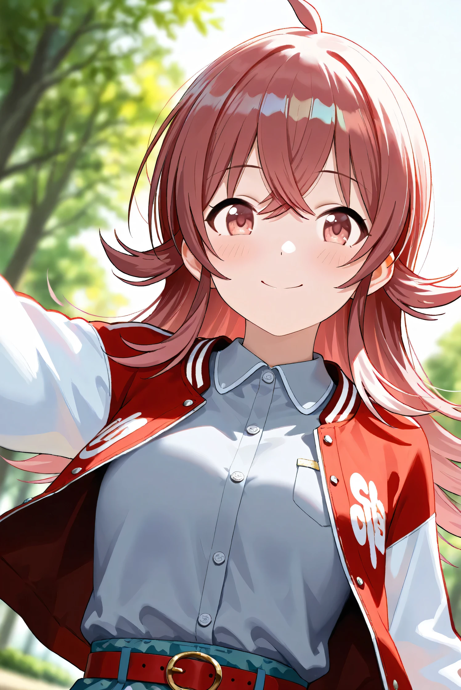 (Masterpiece), (Highest quality), (Very detailed),
(The best shape), (Best Shadow), (Absurd),
(Detailed background), (So beautiful), Shiny ,
Beautiful eyes in every detail, Extraordinary, Countershading, 8k, 32K, High resolution,
Very Detailed CG,
Score_9, Score_8_up, Score_7_up, Source_anime,
(Pastel painting:1.2), (Watercolor painting:1.2),
(Masterpiece, Detailed:1.2), (Foreshortening:1.2),
Cinematic, Dramatic, (Depth of field:1.4),
(Blurry background:1.4), (Realistic background:1.4),
(Foreshortening:1.3),Dynamic angle, From below,
1 girl,
Outdoor, Nature, Park, Wind,
Komiya Kaho, komiya kaho,
the idolmaster shiny colors,
long hair, red hair, red eyes, hair between eyes, ahoge, (medium breasts:0.7),
(Casual wear:1.3),
(Collared shirt:1.1), (Gray shirt:1.3), (Plain shirt:1.1),
Souvenir Jacket, Open jacket, Red jacket, Long sleeves, White sleeves, Plain jacket,
Hot pants, Turquoise hot pants,
belt, red belt,
Portrait, Focus on face, Close up shot,
(Blush:1.3), Smile, Happy,
Realistic skin, Shiny skin,