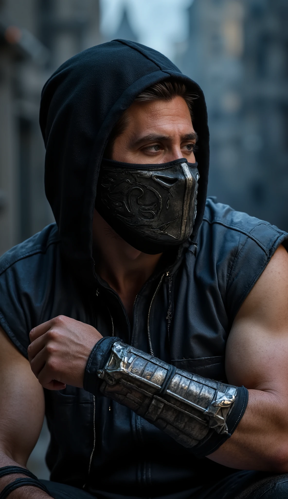 Here is a detailed prompt to generate an image **super realistic** by Ludacris as ****, focused on **upper body**, with a shiny metallic suit and impactful details, e um Bottom marcante: --- **"Hyper-realistic close-up by Jake Gyllenhaal as , the enigmatic ninja and master of shadows of * mortal kombat*. He is in an intense and mysterious pose, with a cold and ruthless expression, conveying mystery and power . He wears a shiny metallic suit, with intricate elements details and reflections that highlight the material. The metallic gray mask covers part of the face, with tribal patterns and small silver ornaments that complement its appearance. The lighting is dramatic , with shades of gray and silver, creating strong contrasts between light and shadow. O Bottom é um cenário realista e escuro, with cold lights, dense smoke and elements of an urban night environment, adding an intense and enveloping atmosphere."** --- **Extra details for realism:** - **durable:** Shiny metallic fabric, with light reflections and hyper-realistic textures. - **mask:** Highly detailed metallic gray design, with metallic reflections , tribal patterns and shiny silver and gray ornaments. - ** :** Cold and ruthless look, conveying the dark and powerful essence of . - **Bottom:** hyperdetailed textures in the smoke and in the elements of the urban night environment. This prompt combines iconic elements with Jake Gyllenhaal's unique look, ensuring a cinematic and immersive result! 🔥