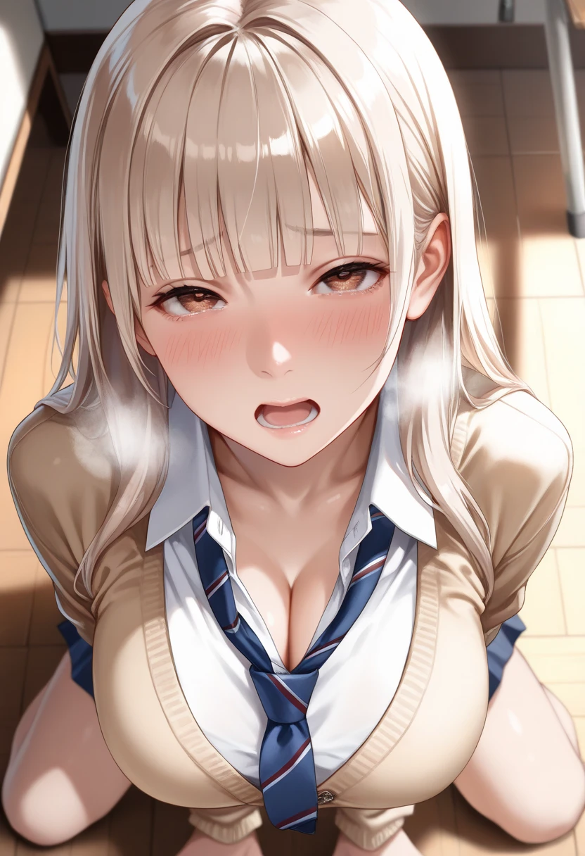 muste piece、masterpiece、highest quality、Super detailed、High resolution、8K portrait、High definition CG of Unity 8k wallpaper、cute type little:1.5、Lori:1.5、Highly detailed CG unity 8k wallpaper、Realistic、real person、 portrait photography、shiny skin、High definition、(:1.2)、(1 girl)、beautiful clear eyes、extremely detailed description、delicate face、nice lips、slender body、(thin waist)、thin legs、(school classroom:1.6)、1 girl, cute type, perfect face, seriously, (blush:1.2),(silver long hair:1.3),(medium breasts:1.3),((school uniform:1.3)),((tits topless:1.3)),(I have nipples:1.2),(looking at viewer),(crying face:1.5),(wearing upper shoes),nsfw,((1big boy:1.5)),((POV oral sex:1.5)),(fellatio:1.5),((penis:1.5)),(orgasm face:1.6),(close eyes),com in mouth:1.2