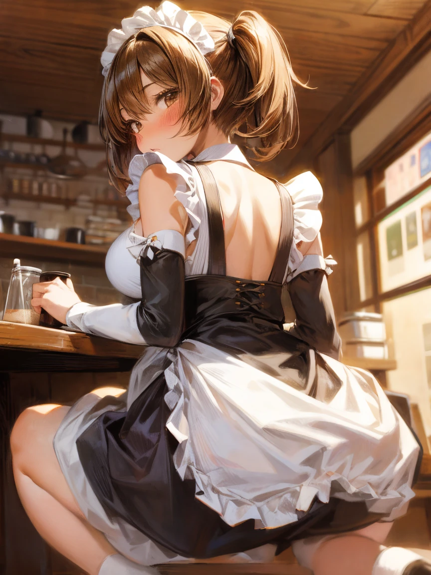 (Isabe),(1girl),(young),(beautiful),(slender),(slim slim body),(super hot),(large breasts: 1.5),(height 1.72),(dark brown tanned skin:1.5),(Dark purple eyes and long dark purple hair),(cute),(big ass:1.5),(21 years of age),(wearing),+,(a maid outfit consisting of a tight, short black pencil skirt that highlights the butt And a white apron and a black dress with a pencil skirt showing shoulders with a neckline)