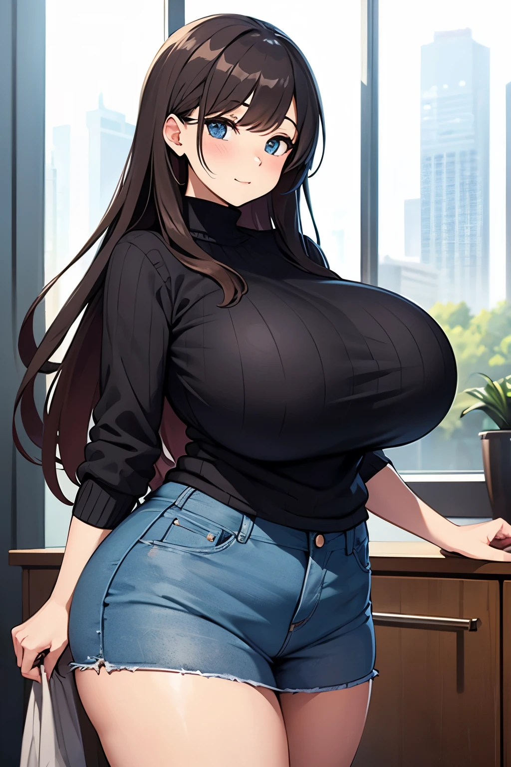Beautiful Young Girl, Long Brunette Hair, Beautiful Blue Eyes, wearing a Red Shirt and worn Jeans, very huge hips, big butt, excessively enormous thighs, extremely thick thighs, Excessively Exaggerated , unnecessarily Excessively Huge Breasts, big cleavage,