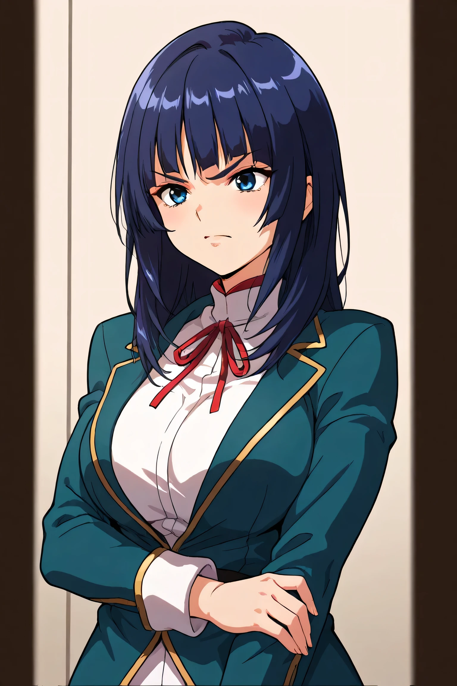 A girl looks at the camera while folding her arms and intimidates me