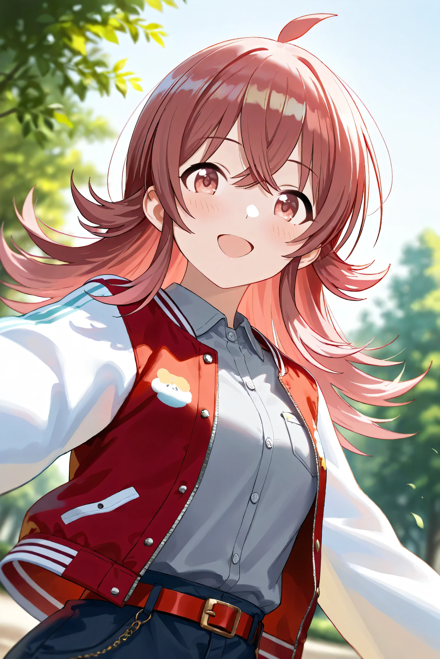 (Masterpiece), (Highest quality), (Very detailed),
(The best shape), (Best Shadow), (Absurd),
(Detailed background), (So beautiful), Shiny ,
Beautiful eyes in every detail, Extraordinary, Countershading, 8k, 32K, High resolution,
Very Detailed CG,
Score_9, Score_8_up, Score_7_up, Source_anime,
(Pastel painting:1.2), (Watercolor painting:1.2),
(Masterpiece, Detailed:1.2), (Foreshortening:1.2),
Cinematic, Dramatic, (Depth of field:1.4),
(Blurry background:1.4), (Realistic background:1.4),
(Foreshortening:1.3),Dynamic angle, From below,
1 girl,
Outdoor, Nature, Park, Wind,
Komiya Kaho, komiya kaho,
the idolmaster shiny colors,
long hair, red hair, red eyes, hair between eyes, ahoge, (medium breasts:0.7),
(Casual wear:1.3),
(Collared shirt:1.1), (Gray shirt:1.3), (Plain shirt:1.1),
Souvenir Jacket, Open jacket, Red jacket, Long sleeves, White sleeves, Plain jacket,
Hot pants, Turquoise hot pants,
belt, red belt,
Portrait, Focus on face, Close up shot,
(Blush:1.3), Smile, Happy,
Realistic skin, Shiny skin,